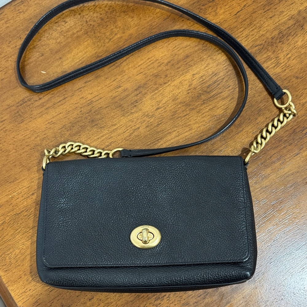 Coach Black pebble Leather Crossbody Bag with Gold Turn-Lock